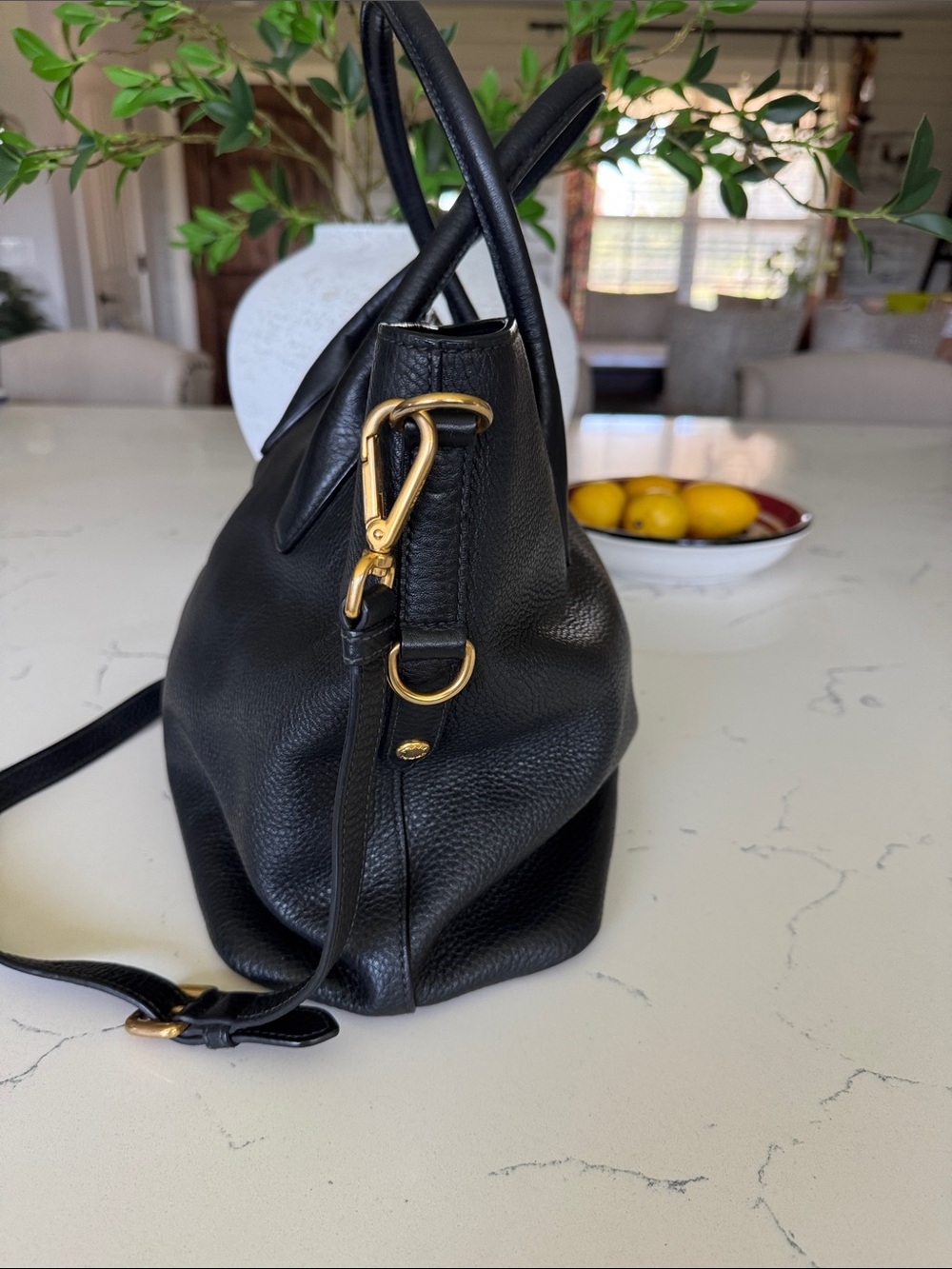 Prada Black Pebbled Leather Satchel with Gold Logo and Strap - Picture 3 of 14